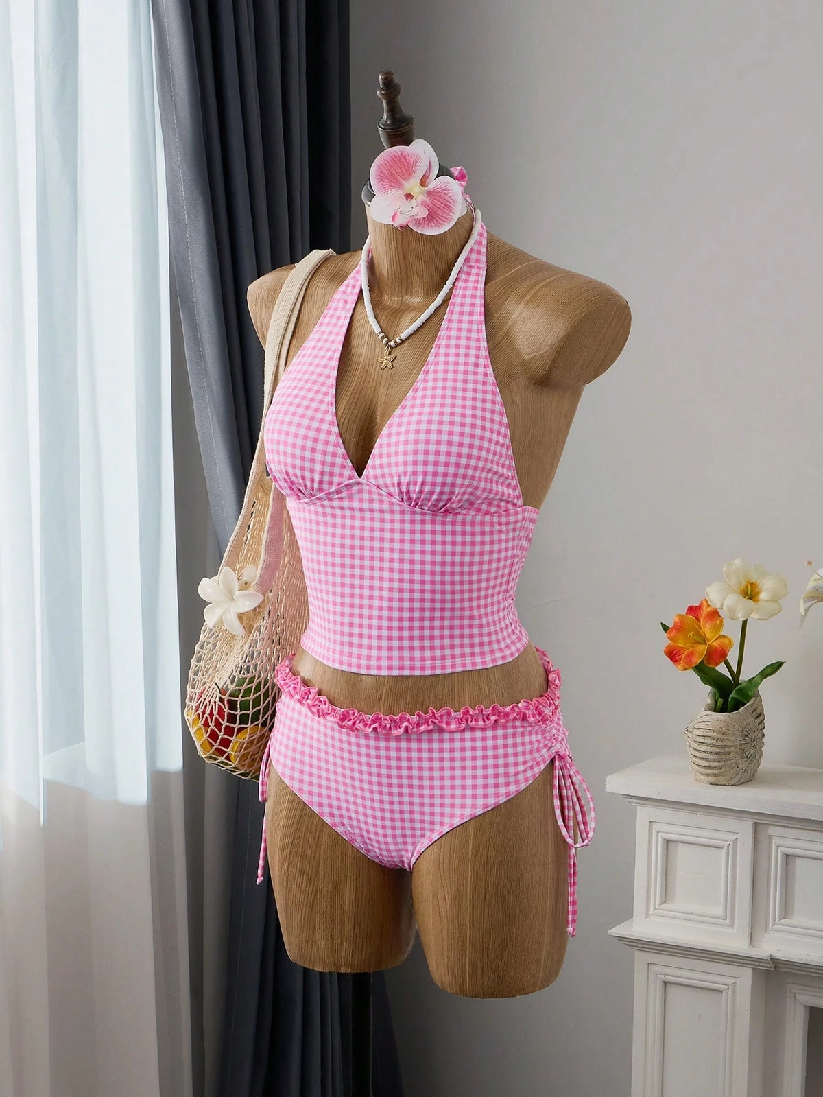Swim Vcay Women's Summer Pink Cute Plaid Tankinis 2-Piece Set,Ruffle Halter Neck Tie Top,Drawstring Side Ruched Bikini Bottoms Bathing Suit,Holiday Pool Party