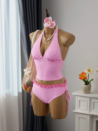 Swim Vcay Women's Summer Pink Cute Plaid Tankinis 2-Piece Set,Ruffle Halter Neck Tie Top,Drawstring Side Ruched Bikini Bottoms Bathing Suit,Holiday Pool Party