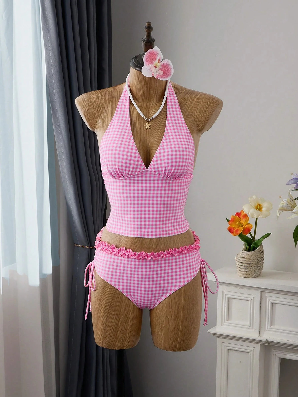 Swim Vcay Women's Summer Pink Cute Plaid Tankinis 2-Piece Set,Ruffle Halter Neck Tie Top,Drawstring Side Ruched Bikini Bottoms Bathing Suit,Holiday Pool Party