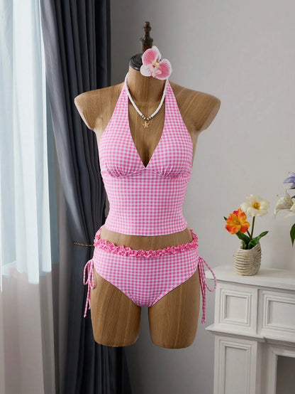 Swim Vcay Women's Summer Pink Cute Plaid Tankinis 2-Piece Set,Ruffle Halter Neck Tie Top,Drawstring Side Ruched Bikini Bottoms Bathing Suit,Holiday Pool Party