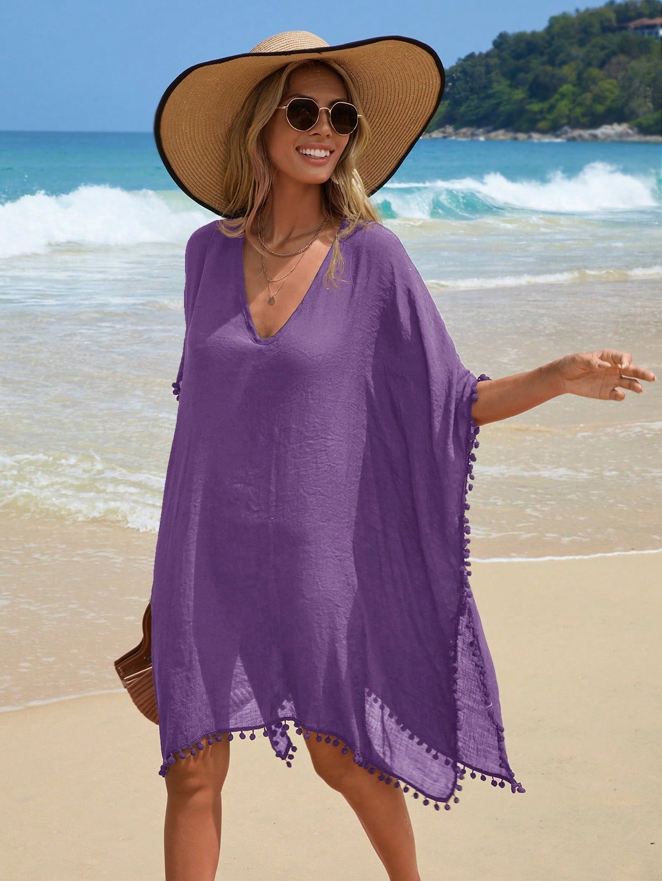Swim Vcay Women's Summer Vacation Tassel Trim Cover Up Dress