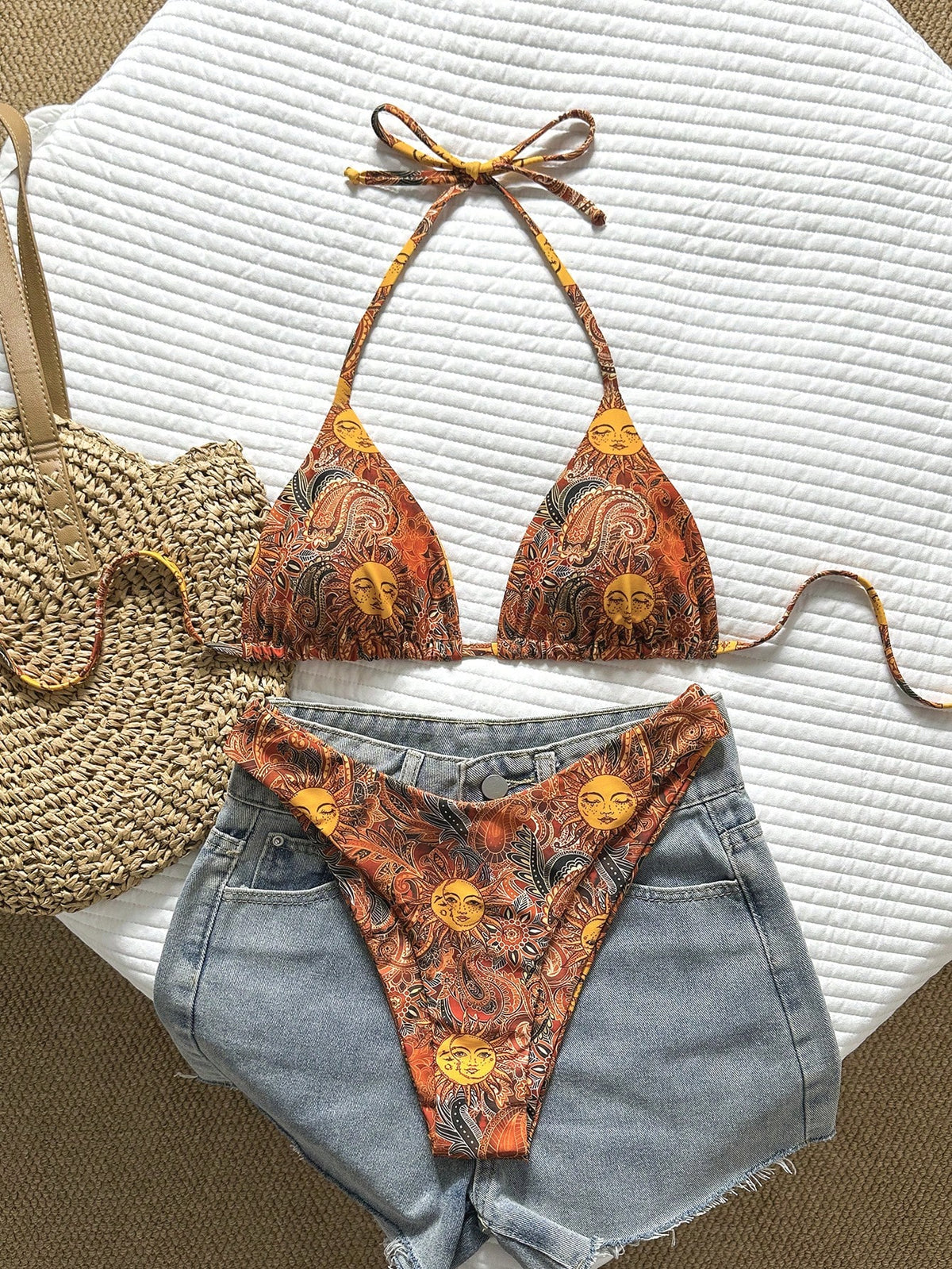 Swim Vcay Women's Tropical Print Halter Neck Bikini Set, Cute Triangle Cup Top And Bottom,Yellow,Summer,Boho,Beach,Holiday,Holiday,Casual Elegant Swimwear