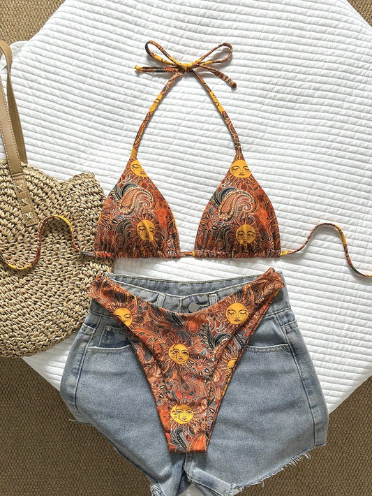 Swim Vcay Women's Tropical Print Halter Neck Bikini Set, Cute Triangle Cup Top And Bottom,Yellow,Summer,Boho,Beach,Holiday,Holiday,Casual Elegant Swimwear