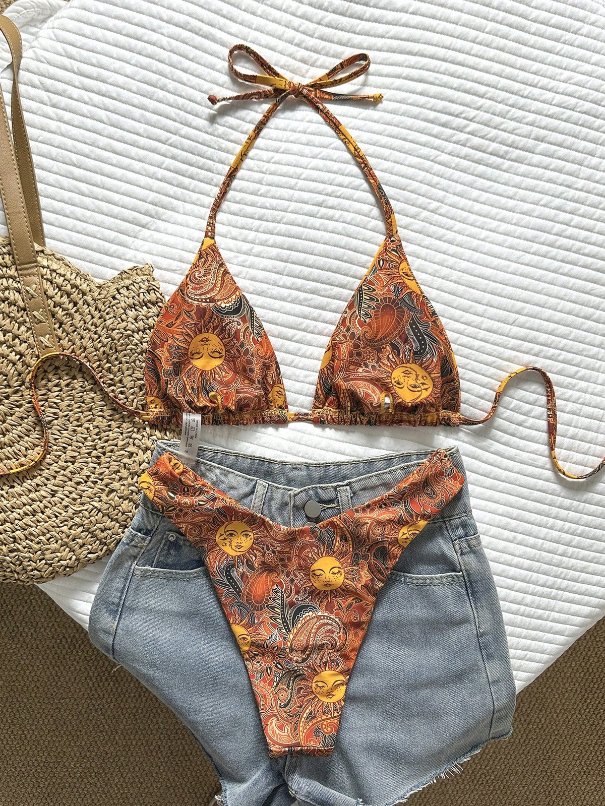 Swim Vcay Women's Tropical Print Halter Neck Bikini Set, Cute Triangle Cup Top And Bottom,Yellow,Summer,Boho,Beach,Holiday,Holiday,Casual Elegant Swimwear