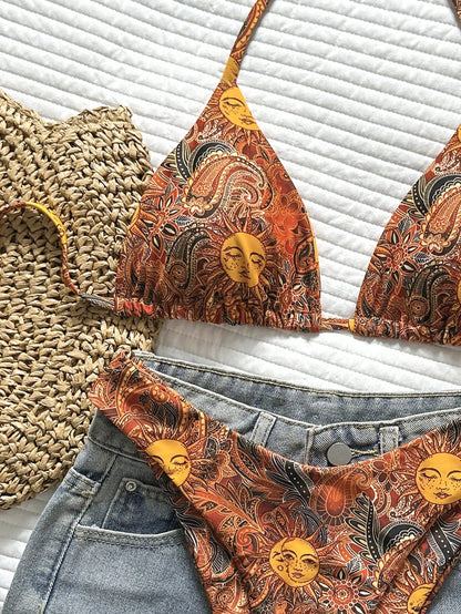 Swim Vcay Women's Tropical Print Halter Neck Bikini Set, Cute Triangle Cup Top And Bottom,Yellow,Summer,Boho,Beach,Holiday,Holiday,Casual Elegant Swimwear
