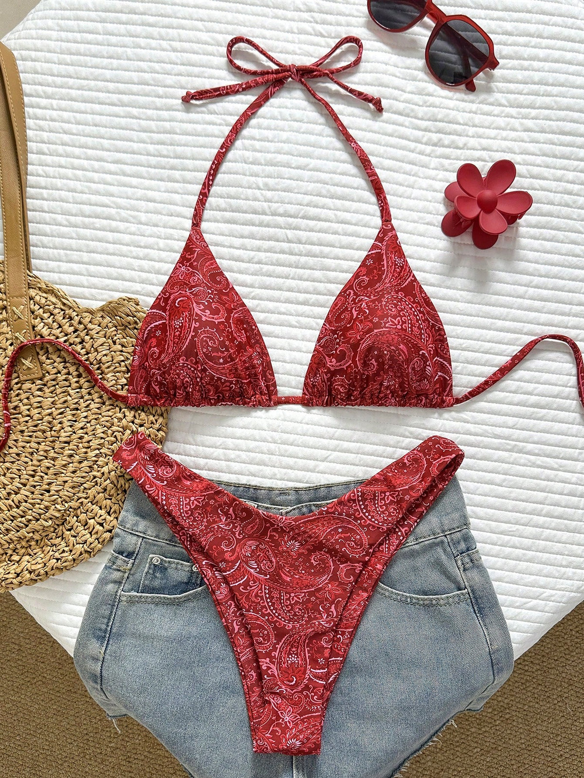 Swim Vcay Women's Tropical Print Halter Neck Bikini Set, Cute Triangle Cup Top And Bottom,Yellow,Summer,Boho,Beach,Holiday,Holiday,Casual Elegant Swimwear