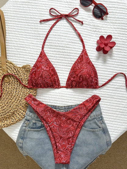 Swim Vcay Women's Tropical Print Halter Neck Bikini Set, Cute Triangle Cup Top And Bottom,Yellow,Summer,Boho,Beach,Holiday,Holiday,Casual Elegant Swimwear