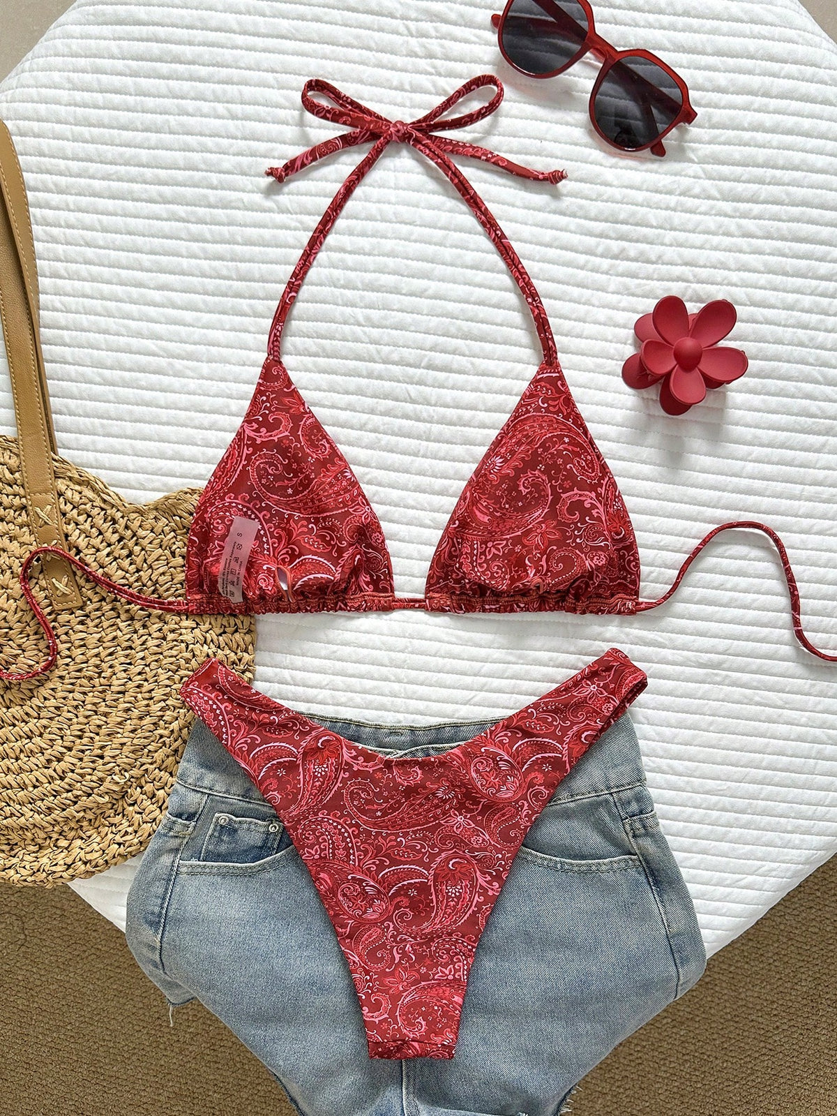 Swim Vcay Women's Tropical Print Halter Neck Bikini Set, Cute Triangle Cup Top And Bottom,Yellow,Summer,Boho,Beach,Holiday,Holiday,Casual Elegant Swimwear