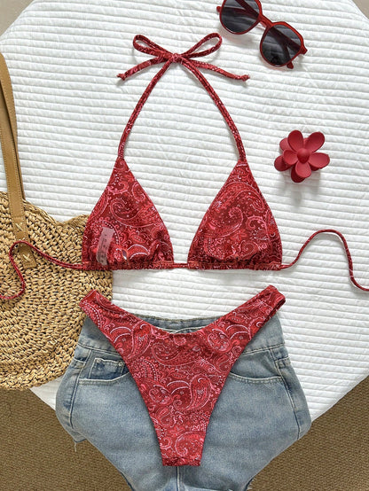 Swim Vcay Women's Tropical Print Halter Neck Bikini Set, Cute Triangle Cup Top And Bottom,Yellow,Summer,Boho,Beach,Holiday,Holiday,Casual Elegant Swimwear