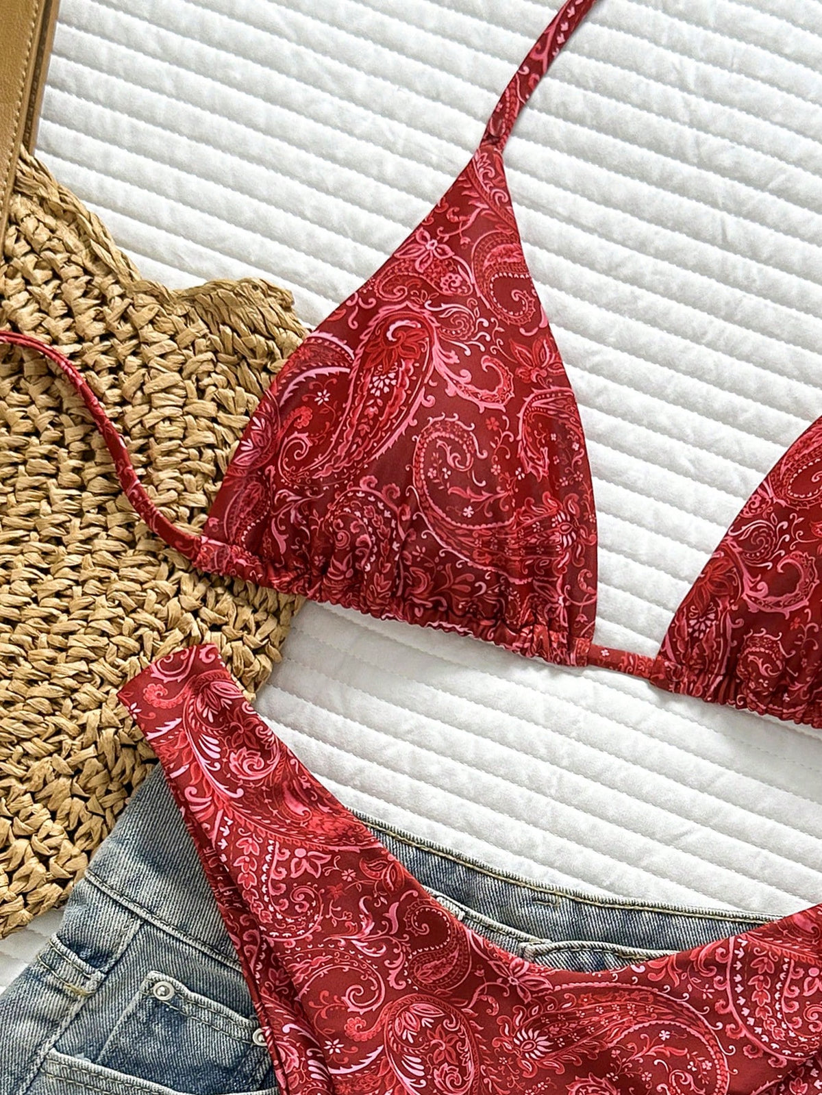 Swim Vcay Women's Tropical Print Halter Neck Bikini Set, Cute Triangle Cup Top And Bottom,Yellow,Summer,Boho,Beach,Holiday,Holiday,Casual Elegant Swimwear