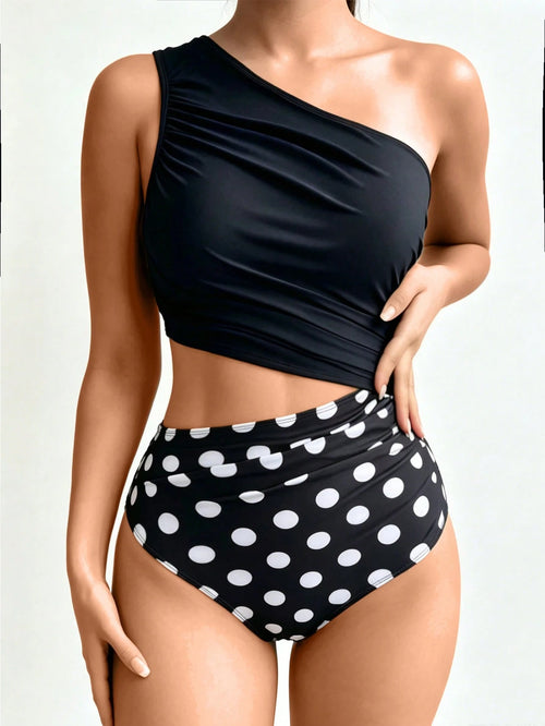 Swim Women's One-Piece Asymmetric One-Shoulder Solid Color & Leopard Print Patchwork Sleeveless Casual Comfortable Vacation Swimsuit