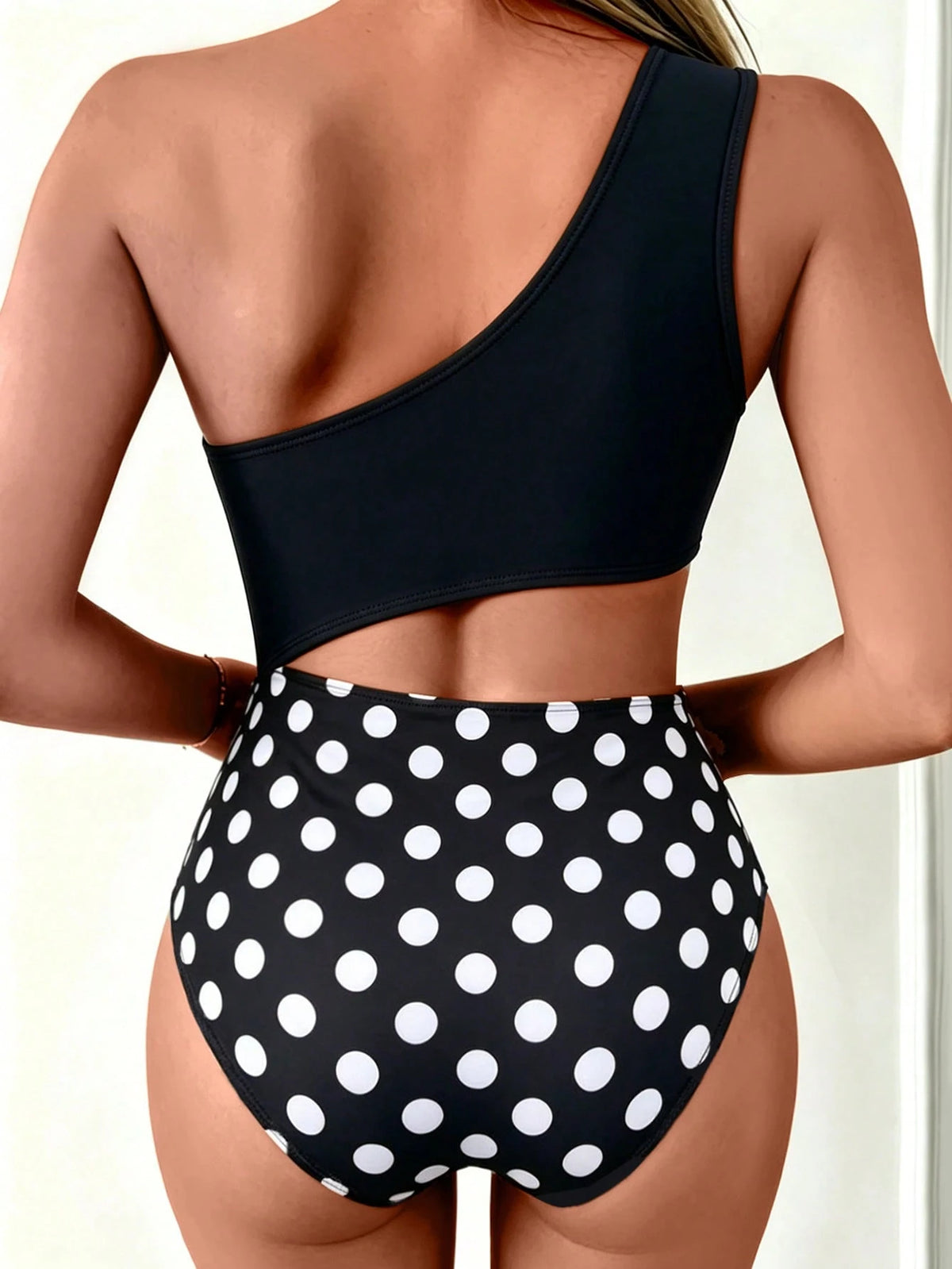 Swim Women's One-Piece Asymmetric One-Shoulder Solid Color & Leopard Print Patchwork Sleeveless Casual Comfortable Vacation Swimsuit