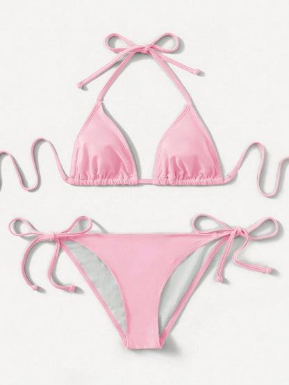 Swim Women's Simple Solid Color Knotted Halter Split Bikini Swimwear, Suitable For Beach Vacation, Summer