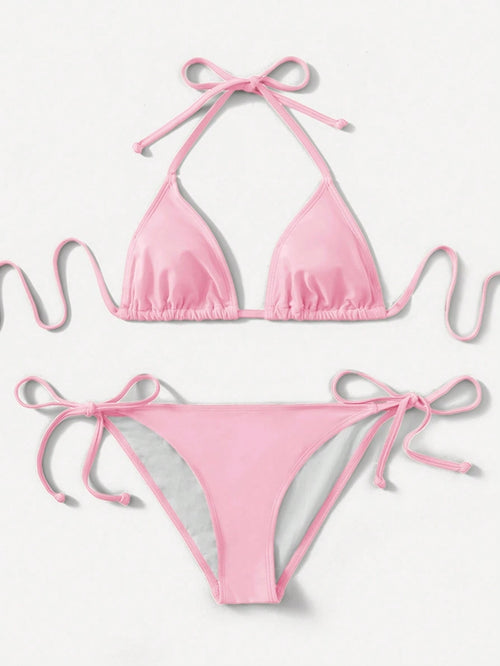 Swim Women's Simple Solid Color Knotted Halter Split Bikini Swimwear, Suitable For Beach Vacation, Summer