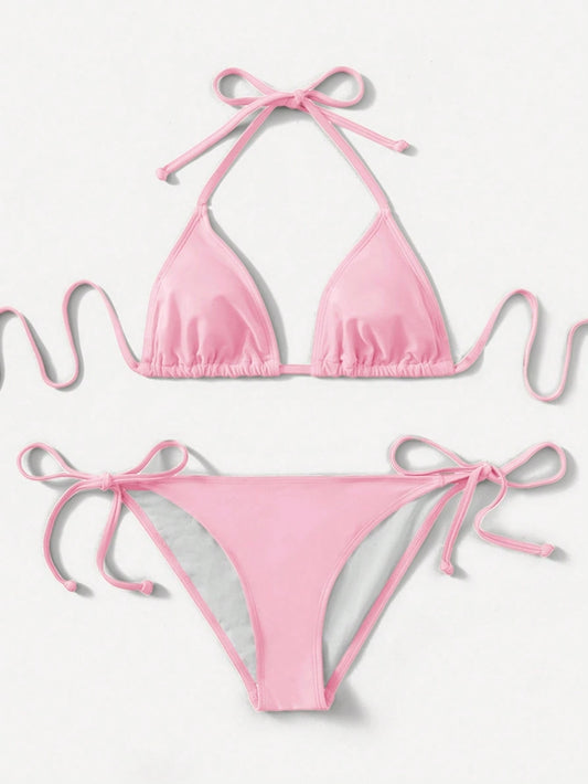 Swim Women's Simple Solid Color Knotted Halter Split Bikini Swimwear, Suitable For Beach Vacation, Summer