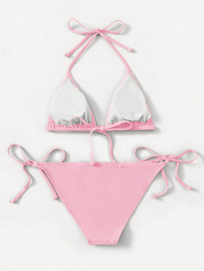 Swim Women's Simple Solid Color Knotted Halter Split Bikini Swimwear, Suitable For Beach Vacation, Summer
