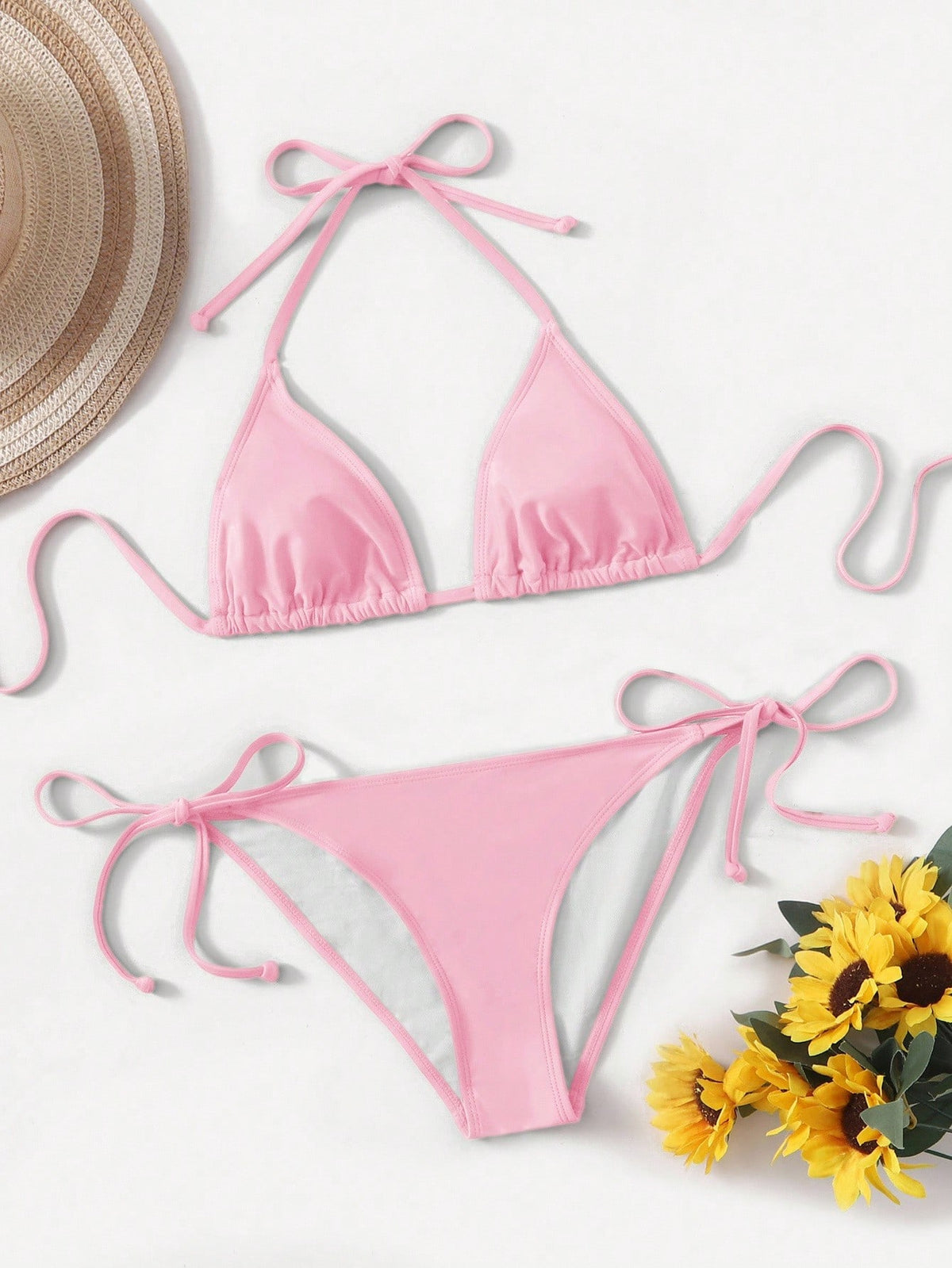 Swim Women's Simple Solid Color Knotted Halter Split Bikini Swimwear, Suitable For Beach Vacation, Summer