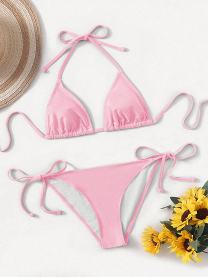 Swim Women's Simple Solid Color Knotted Halter Split Bikini Swimwear, Suitable For Beach Vacation, Summer