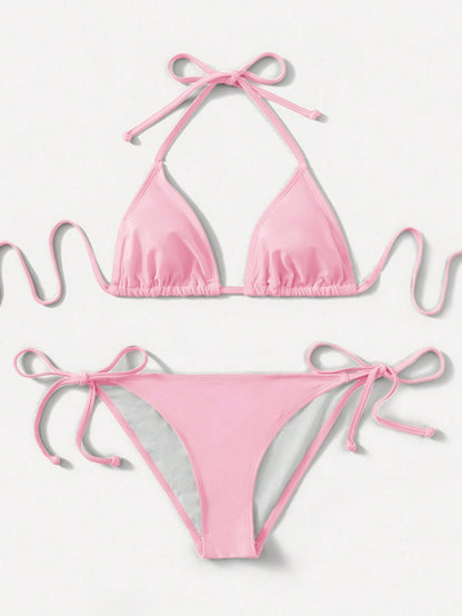 Swim Women's Simple Solid Color Knotted Halter Split Bikini Swimwear, Suitable For Beach Vacation, Summer