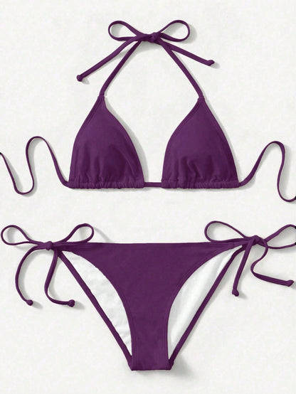 Swim Women's Solid Color Halter Tie Sexy Bikini Swimwear Set, Summer Beach