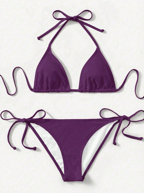 Swim Women's Solid Color Halter Tie Sexy Bikini Swimwear Set, Summer Beach