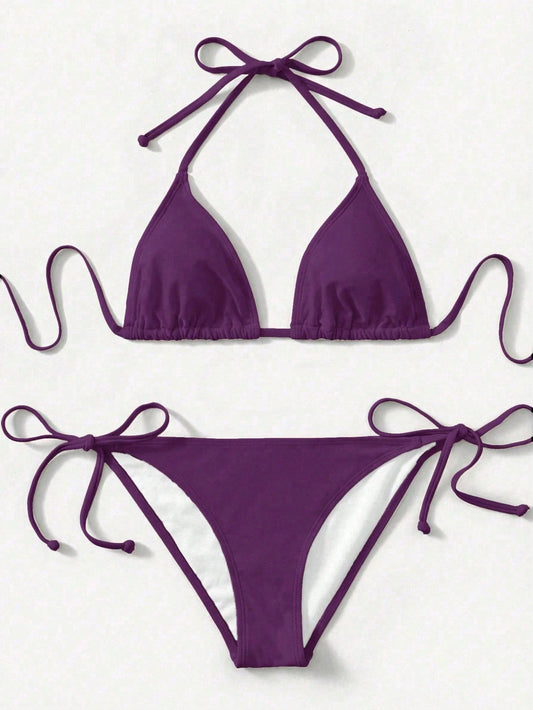 Swim Women's Solid Color Halter Tie Sexy Bikini Swimwear Set, Summer Beach