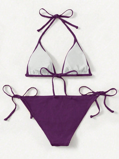 Swim Women's Solid Color Halter Tie Sexy Bikini Swimwear Set, Summer Beach