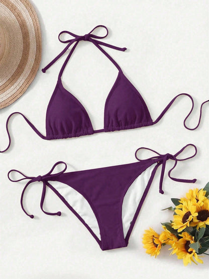 Swim Women's Solid Color Halter Tie Sexy Bikini Swimwear Set, Summer Beach