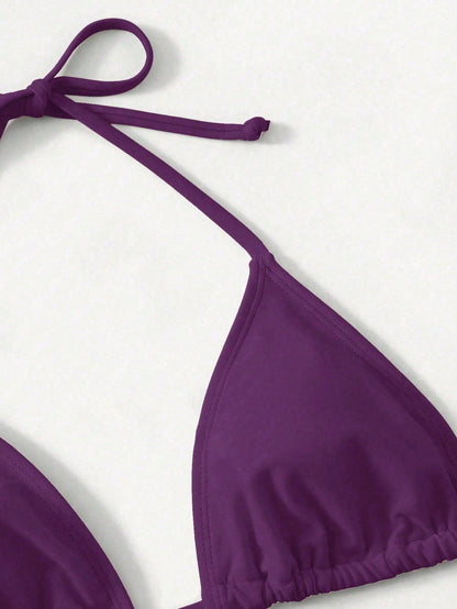 Swim Women's Solid Color Halter Tie Sexy Bikini Swimwear Set, Summer Beach