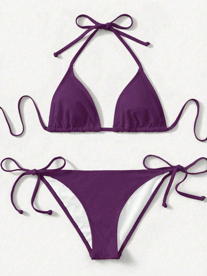 Swim Women's Solid Color Halter Tie Sexy Bikini Swimwear Set, Summer Beach