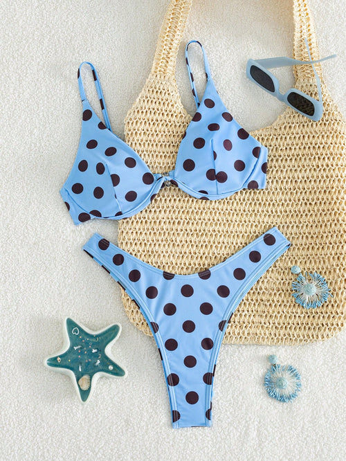 Swim Women's Summer Beach Polka Dot Print Sexy Fashion Bikini Two-Piece Swimsuit Set