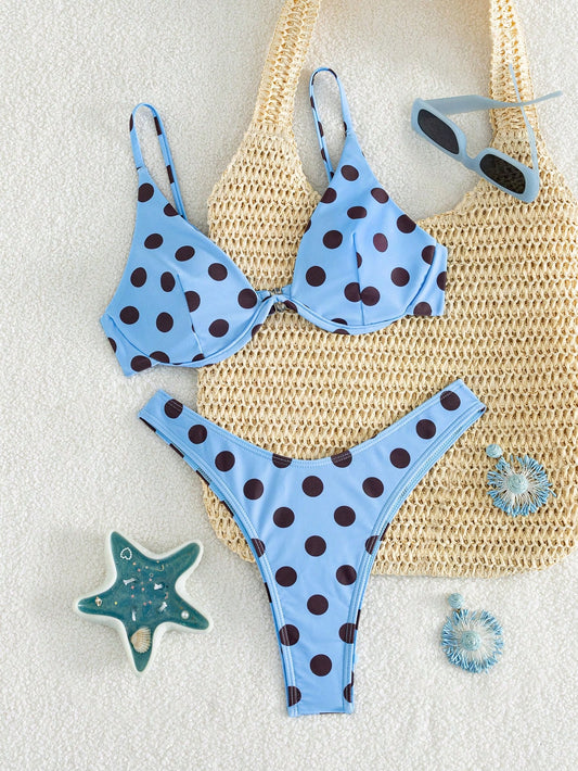 Swim Women's Summer Beach Polka Dot Print Sexy Fashion Bikini Two-Piece Swimsuit Set