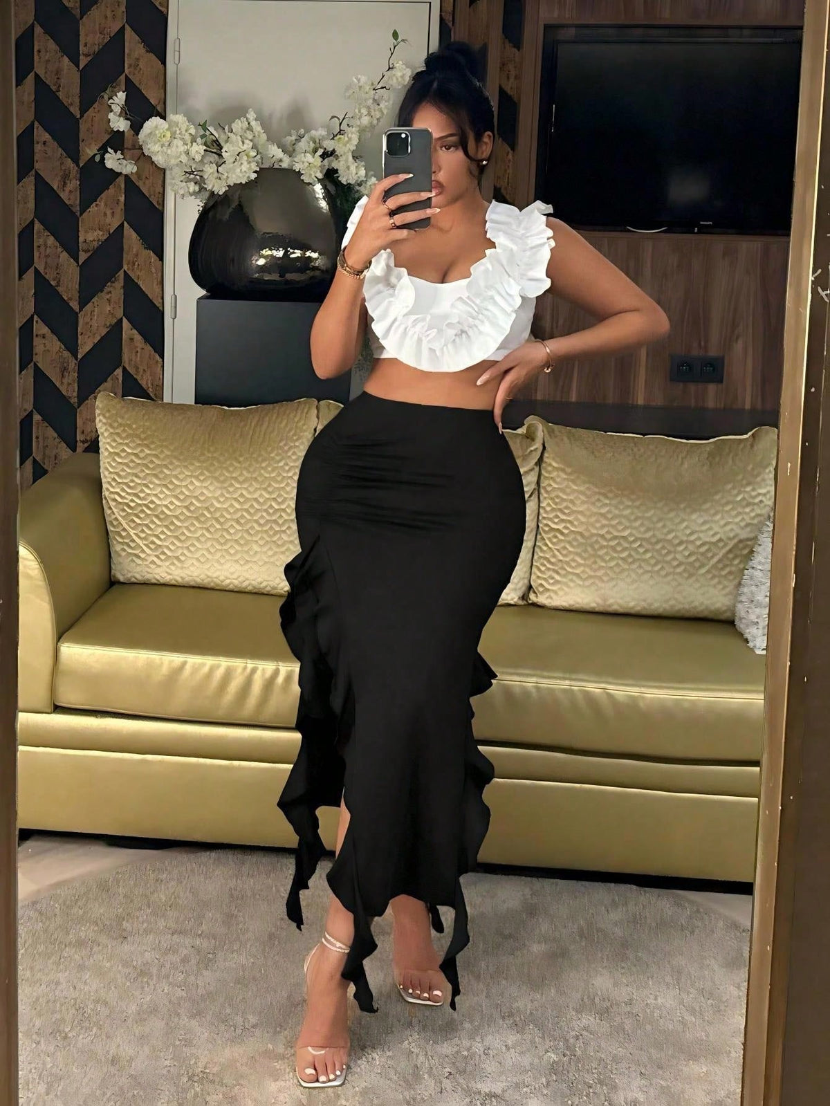 SXY Beach Asymmetrical Hem With Ruffle Details And High Slit Sexy Design Summer Skirt