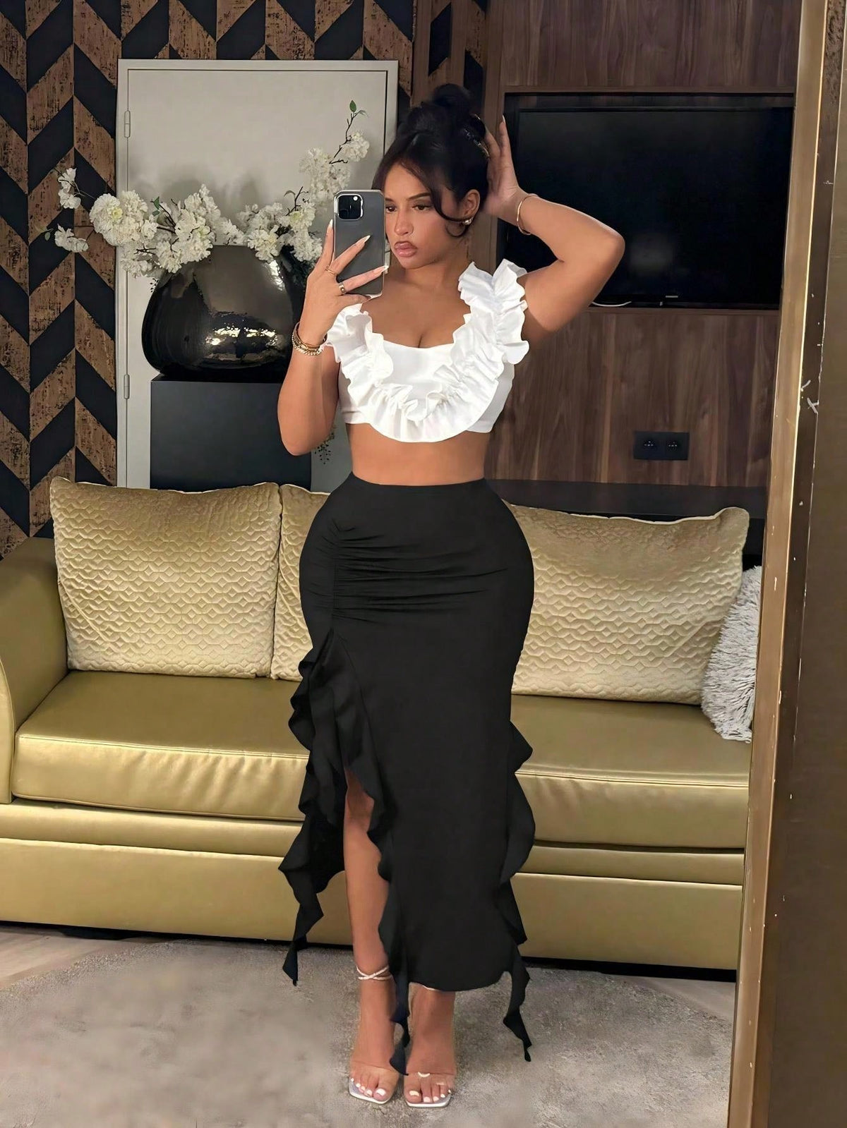 SXY Beach Asymmetrical Hem With Ruffle Details And High Slit Sexy Design Summer Skirt