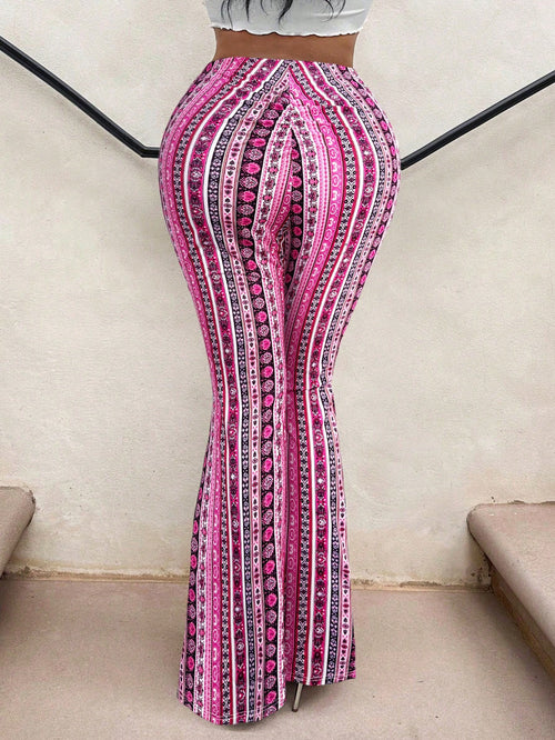 SXY Casual Retro Print High Waist Flare Leg Pants