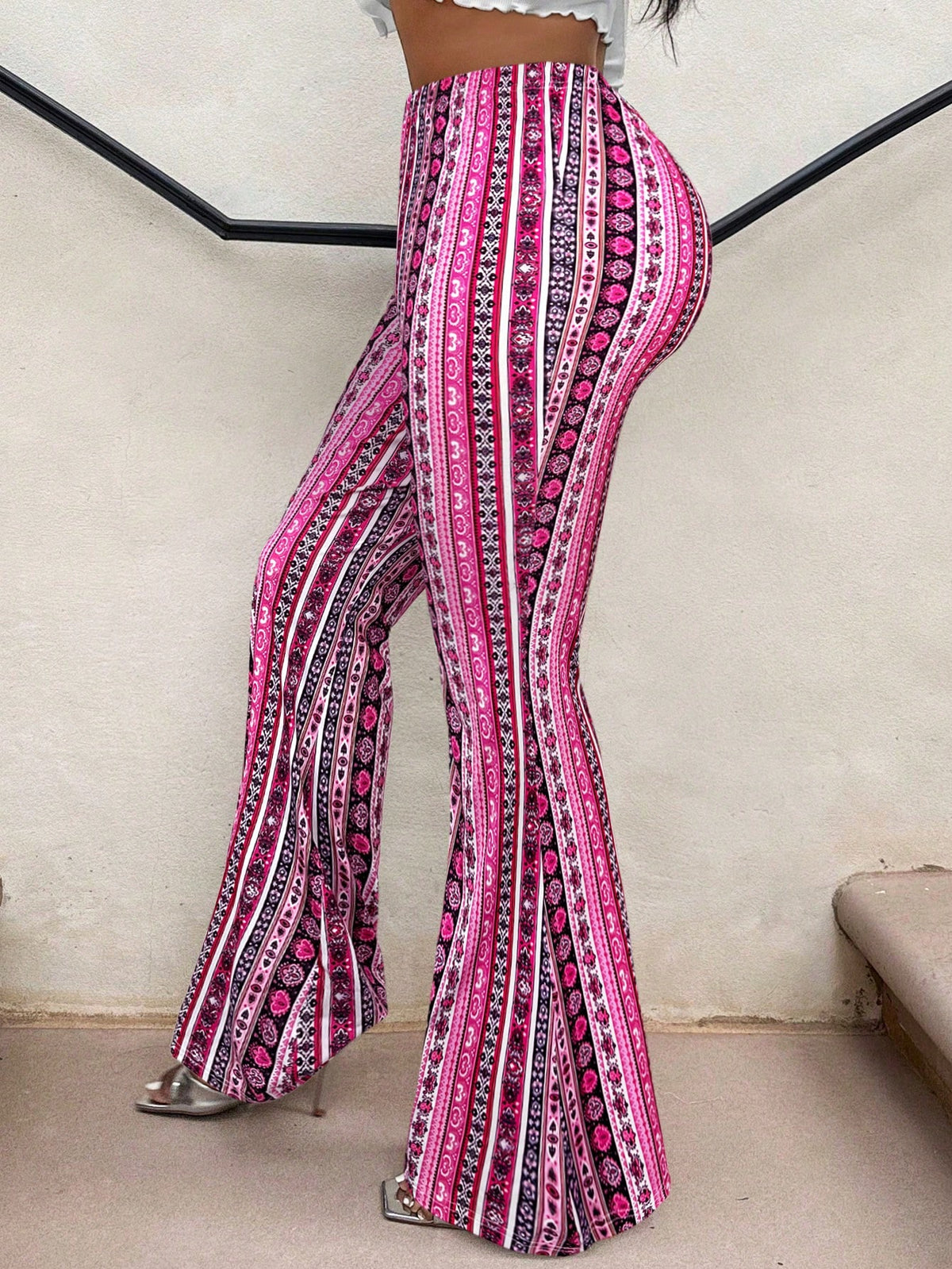 SXY Casual Retro Print High Waist Flare Leg Pants