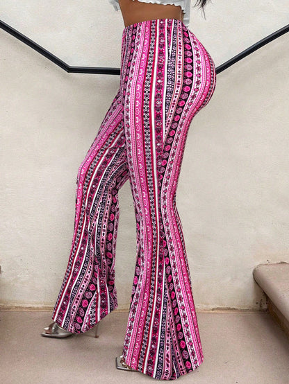 SXY Casual Retro Print High Waist Flare Leg Pants