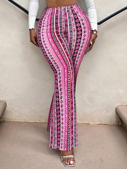 SXY Casual Retro Print High Waist Flare Leg Pants