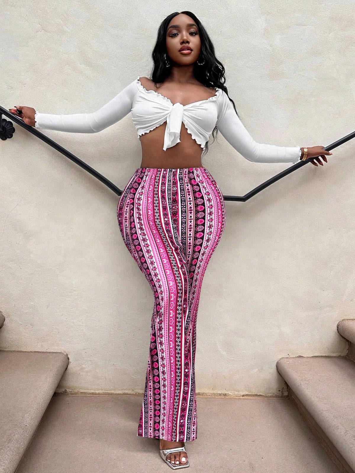 SXY Casual Retro Print High Waist Flare Leg Pants