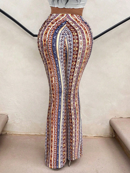 SXY Casual Retro Print High Waist Flare Leg Pants