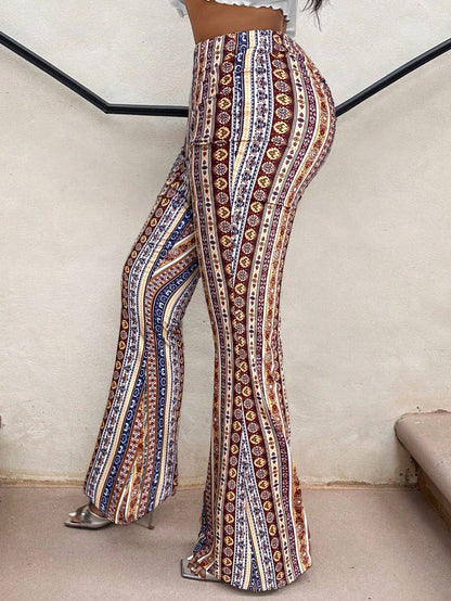 SXY Casual Retro Print High Waist Flare Leg Pants