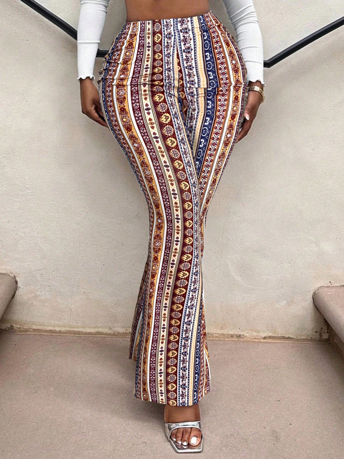 SXY Casual Retro Print High Waist Flare Leg Pants