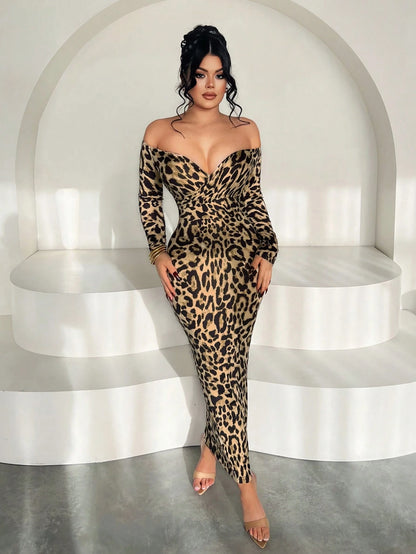 SXY Elegant Sexy Khaki Off Shoulder Fitted Long Dress,Near Year,Christmas,Party Club Night, Bodycon Outfit Women, The Dress,New Autumn