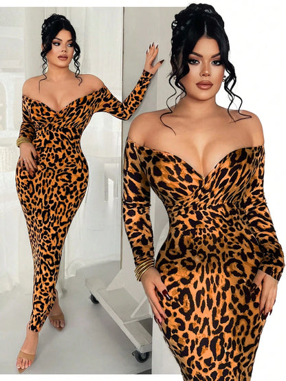 SXY Elegant Sexy Khaki Off Shoulder Fitted Long Dress,Near Year,Christmas,Party Club Night, Bodycon Outfit Women, The Dress,New Autumn
