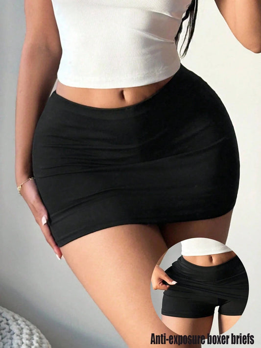 SXY Women's Sexy Casual Black Mini Bodycon Skirt (Includes Built-In Shorts) Black Mini Skirt Clubbing Night Autumn