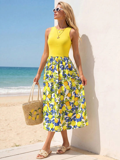 Sylviya Casual Tropical Tropical Boho Women's Summer Vacation Patchwork Lemon Beach Vacation Vacation Holiday Vacation Dress Lemon Pastel Yellow