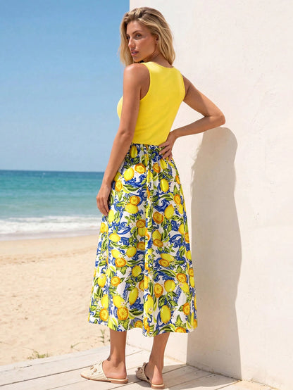 Sylviya Casual Tropical Tropical Boho Women's Summer Vacation Patchwork Lemon Beach Vacation Vacation Holiday Vacation Dress Lemon Pastel Yellow