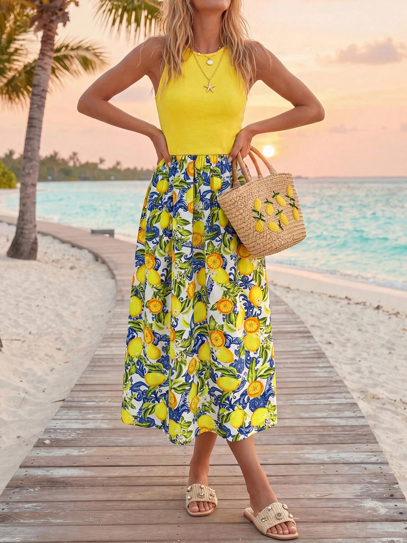 Sylviya Casual Tropical Tropical Boho Women's Summer Vacation Patchwork Lemon Beach Vacation Vacation Holiday Vacation Dress Lemon Pastel Yellow