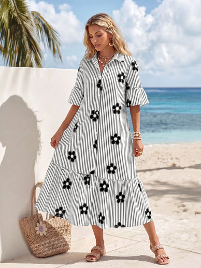 Sylviya Women's Casual Sexy Breezy European Boho Summer Open Front 3/4 Sleeve Dress For Vacation Beach Holiday Black And White Floral Outfits
