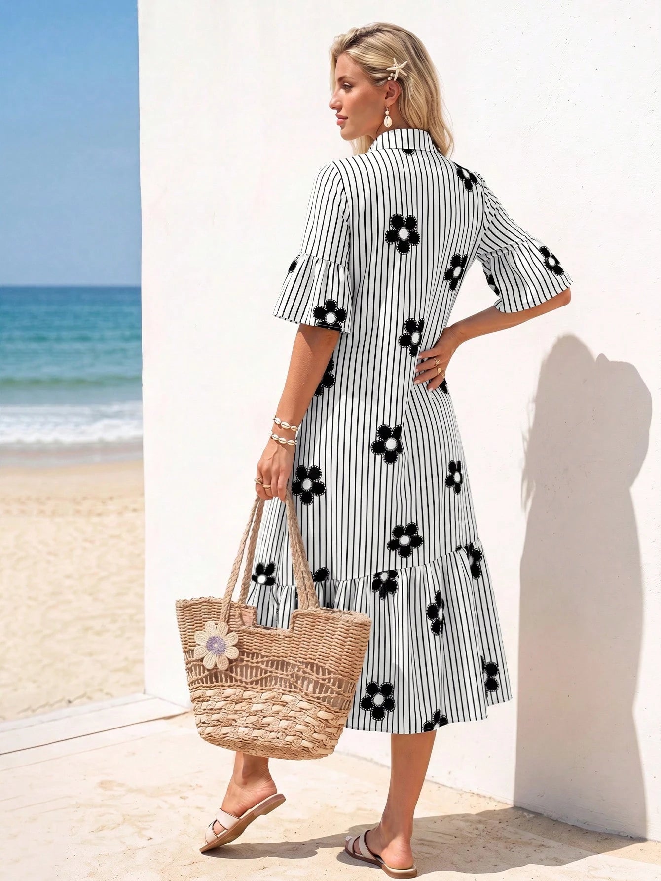 Sylviya Women's Casual Sexy Breezy European Boho Summer Open Front 3/4 Sleeve Dress For Vacation Beach Holiday Black And White Floral Outfits